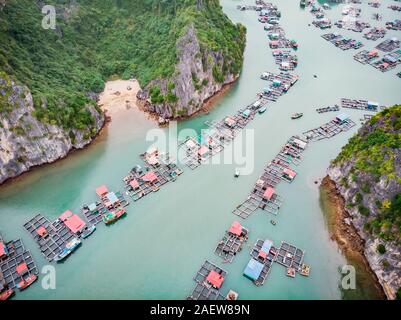 Vista aerea di villaggi galleggianti intorno a Cat Ba isole. Cat Ba è la più grande delle 366 isole che compongono il bordo del sud-est della Baia di Ha Long ho Foto Stock