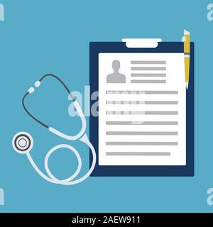 Medical negli Appunti. Referto medico con stetoscopio e penna. Uno stetoscopio con clipboard Illustrazione Vettoriale