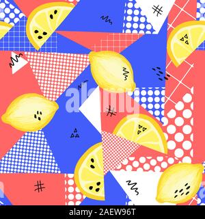 Limoni Pop Art collage triangolo sfondo senza giunture. Rosso, blu, giallo e bianco contemporaneo frutto di ripetizione pattern con disegnati a mano i limoni e limone Foto Stock