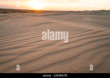 Splendido paesaggio del deserto asiatico. Alba sulle dune di sabbia di MUI ne Vietnam. Tramonto oltre l'orizzonte Foto Stock