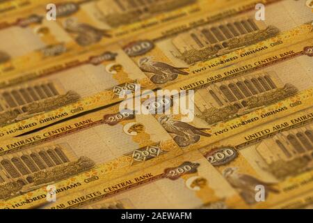 - Dirham degli Emirati Arabi Uniti banconote dello sfondo. Dirham degli Emirati Arabi Uniti pattern. 200 dirhams Foto Stock