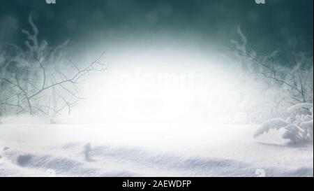 Foresta d'inverno. Inverno nevoso shiny sfondo sfocato. Auguri di Buon Natale felice anno nuovo holiday blu bianco backgro Foto Stock