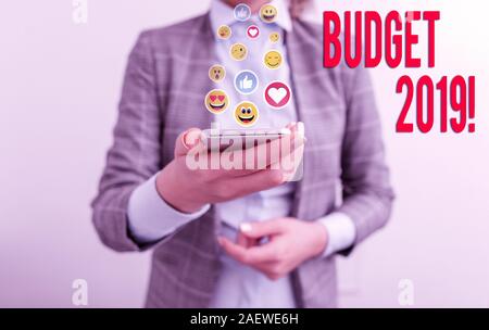 La grafia la scrittura di testo Bilancio 2019. Foto concettuale stato preventivo delle entrate e delle spese per il corrente anno Foto Stock