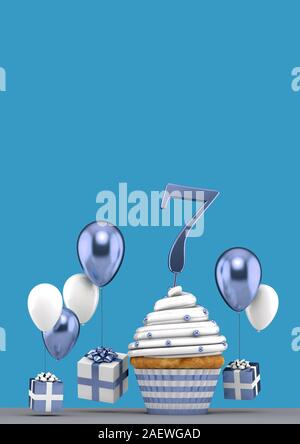Numero 7 blu tortina di compleanno con palloncini e regali. 3D Render Foto Stock