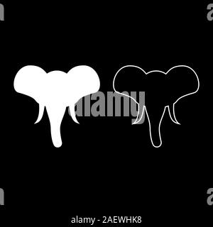 Testa di elefante mascotte silhouette vista frontale africano o indiano icona animale profilo impostare il colore bianco illustrazione vettoriale stile piatto semplice immagine Illustrazione Vettoriale