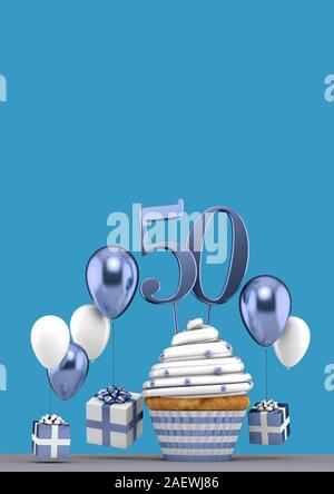 Numero 50 blu tortina di compleanno con palloncini e regali. 3D Render Foto Stock