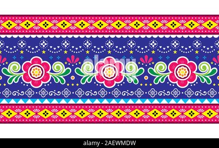 Carrello pakistano vettore d'arte seamless pattern, Indian carrello lungo floreale design orizzontale con fiori, foglie e forme astratte Illustrazione Vettoriale