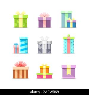 9 vettore colorate scatole piatte con nastri isolati su sfondo bianco. Confezione regalo, presente, buon compleanno, party box set di icone 1 Illustrazione Vettoriale