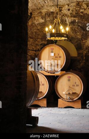 La cantina e i barili delle storiche Cantine de Ricci Cantina di Montepulciano Toscana Italia EU - Azienda vinicola toscana - vino di Montepulciano Foto Stock