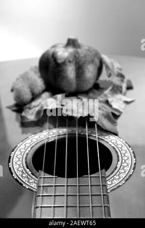 Chitarra foro a fessura con decorazione autunnale in background in bianco e nero Foto Stock