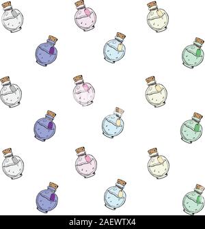 Texture con disegnati a mano bottiglie colorate con diverse pozioni. Illustrazione Vettoriale