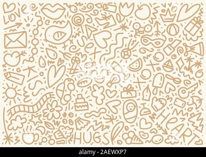 Doodle disegnati a mano amore e bellezza pattern con cuori, labbra, baby e altri elementi. La ragazza sogna la configurazione di sfondo Illustrazione Vettoriale