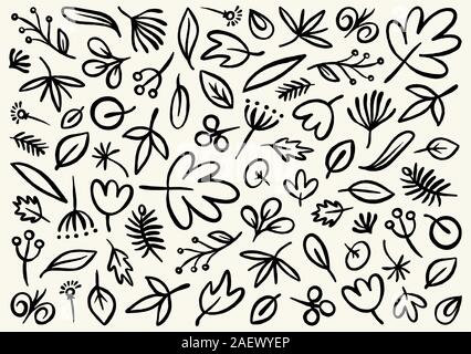 Doodle vettore disegnati a mano modello nero con foglie e fiori. Natura sfondo outline motivo floreale Illustrazione Vettoriale