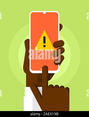Smartphone mockup in mano umana. Messaggio di avvertimento sul vuoto nella schermata di colore arancione. Vettore tecnologia colorati illustrazione Illustrazione Vettoriale