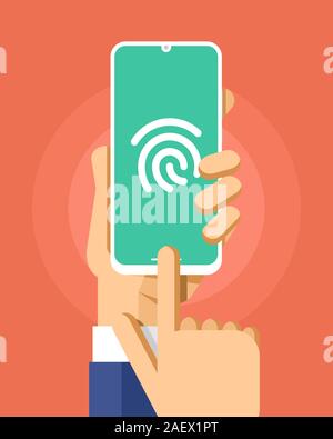 Smartphone mockup con protezione tipo protocole. Finger Print sicuro. Vettore tecnologia colorati illustrazione Illustrazione Vettoriale