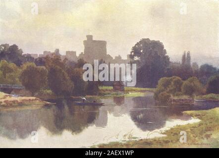 Il Castello di Windsor e dai borsisti' Eyot, Eton. Berkshire. Ernest Haslehust 1920 Foto Stock