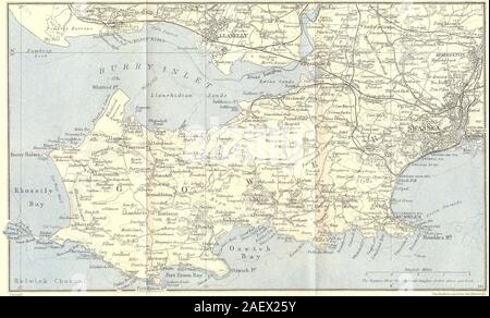 La Penisola di Gower. Llanelli Swansea Mumbles. Il Galles. WARD LOCK 1950 mappa vecchia Foto Stock