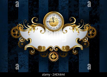 Gioielli, banner modellato con antichi orologi, decorata con oro e gli ingranaggi in ottone sul blu scuro, con texture di sfondo striato, disegnati in steampunk sty Illustrazione Vettoriale