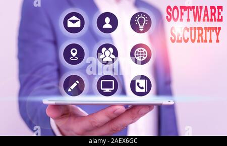 Testo della scrittura di software di scrittura di sicurezza. Foto concettuale realizzato per proteggere il software contro attacchi da parte di utenti malintenzionati Foto Stock