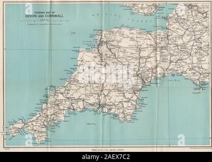 TOURING mappa di Devon e Cornwall. Il sud ovest dell'Inghilterra. WARD LOCK 1948 vecchio Foto Stock