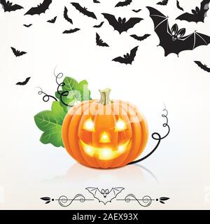 Zucca di Halloween con i pipistrelli su uno sfondo luminoso Illustrazione Vettoriale