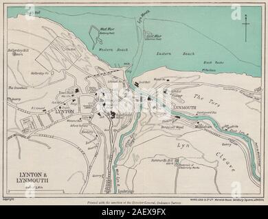 LYNTON dintorni mappa turistica d'epoca. Exmoor North Devon costa ...