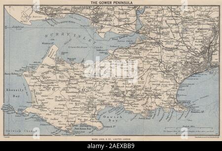 Penisola di Gower. Llanelli Swansea Mumbles. Il Galles. WARD LOCK 1950 mappa vecchia Foto Stock