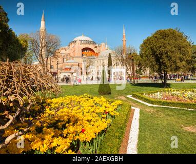 Molla colorata in scena a Sultan Ahmet park a Istanbul, in Turchia, l'Europa. Vista del museo Ayasofya (Hagia Sophia). Stile artistico post elaborati foto. Foto Stock