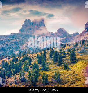 Nebbiosa mattina d'estate sulle Cinque Torri montagna. Vista dal Passo Falzarego. Dolomiti, le Alpi, l'Italia, l'Europa. Foto Stock