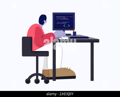 Maschio moderno web developer lavora con codice di programma utilizzando computer isolato a sfondo bianco Illustrazione Vettoriale