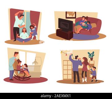 I genitori con bambini e vacanze invernali in famiglia stagione di attività al chiuso Illustrazione Vettoriale