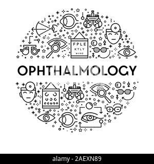 Oftalmologia banner con occhi test icone lineare impostato in cerchio Illustrazione Vettoriale