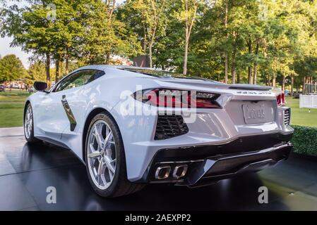 PLYMOUTH, MI/STATI UNITI D'America - 28 luglio 2019: UN 2020 Chevrolet Corvette mid-motore auto sul display al Concours d'eleganza d'America car show all'Inn at San Foto Stock