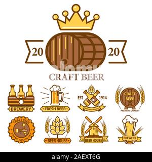 Casa della birra e birreria artigianale logo insieme di nove modelli Illustrazione Vettoriale