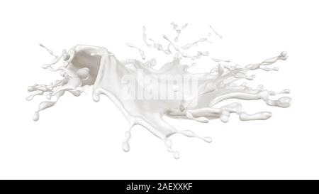 Bianco splash isolato di latte su sfondo nero. Il rendering 3d, 3d'illustrazione. Foto Stock