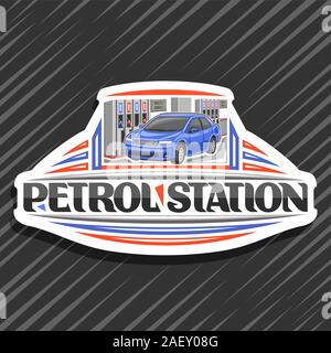 Il logo del vettore per la stazione di benzina, bianco monogramma decorativo con illustrazione di auto blu, riempimento benzina, icona creative con originali scritte per parola Illustrazione Vettoriale