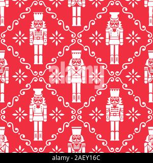 Natale schiaccianoci vector seamless pattern - Xmas soldato figurina ripetitivo ornamento bianco su rosso, il design tessile Illustrazione Vettoriale