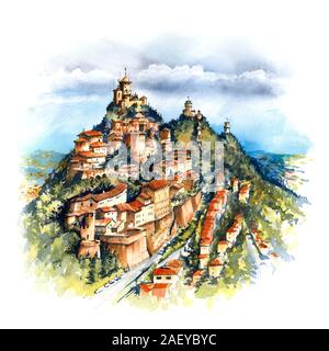 Disegno ad acquerello della Città Vecchia e tre famose rocche torre Guaita, Cesta e Montale sulla sommità del monte Titano, Repubblica di San Marino Foto Stock