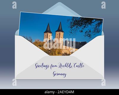 Vista sulla Zwickauer Mulde fiume al Rochlitz Castello, più di mille anni, Rochlitz, in Sassonia, Germania, Europa Foto Stock