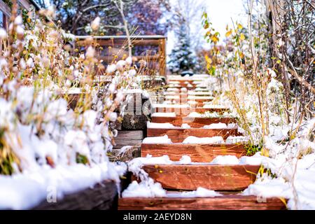 Decori vegetali paesaggio coperto di neve invernale terrazzati lungo ripidi gradini in legno con nessuno architettura del giardino nel cortile di casa a Colo Foto Stock