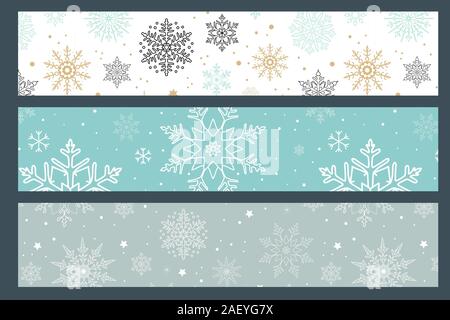 Set di tre striscioni d'inverno. Grossi fiocchi di neve. La caduta di neve. Bellissimo disegno e grafica. Illustrazione Vettoriale