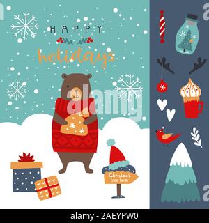 Anno nuovo biglietto di auguri con orso , scatole regalo , i fiocchi di neve e iscrizione delle vacanze felici . Vettore di natale Illustrazione Vettoriale