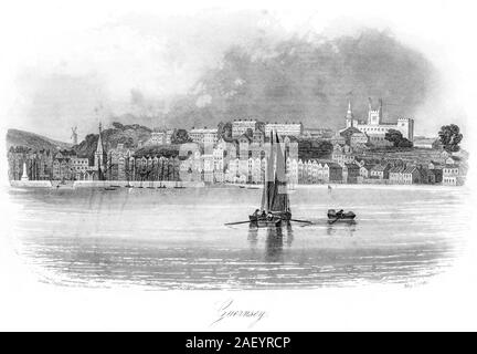 Una incisione di St Peter Port Guernsey, datata 1 maggio 1842 scansionati ad alta risoluzione. Ritiene copyright free. Foto Stock