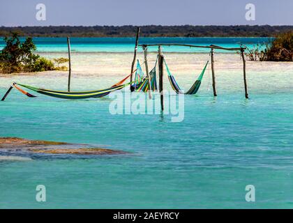 Le amache pendono sulle acque cristalline e azzurre del lago Bacalar vicino alle formazioni di Cocalitos, Quintana Roo, Messico. Foto Stock