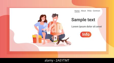 Coppia felice con confezioni regalo uomo donna seduta lotus pongono buon natale nuovo anno di vacanza celebrazione concetto schizzo a piena lunghezza orizzontale spazio copia illustrazione vettoriale Illustrazione Vettoriale