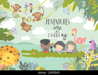 Cartoon carino bambini Viaggiare con animali. Avventure sta chiamando Illustrazione Vettoriale