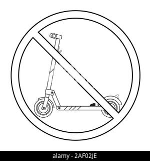 Moderni scooter elettrico disegnato in stile lineart collocato in un segno di divieto Illustrazione Vettoriale