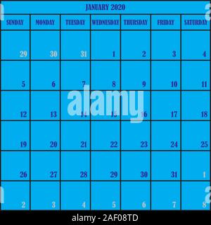 Pianificatore di Calendario mese gennaio 2020 su sfondo blu Illustrazione Vettoriale