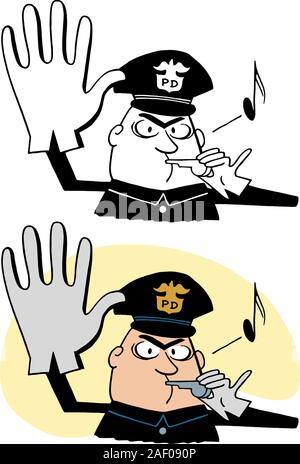 Un poliziotto con un fischio comandi qualcuno di smettere. Illustrazione Vettoriale