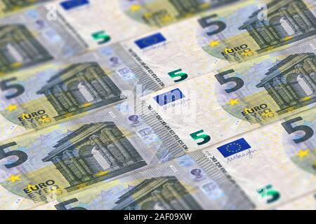 Le banconote in euro sfondo. Il denaro dell'Unione europea. 5 pattern di Euro Foto Stock